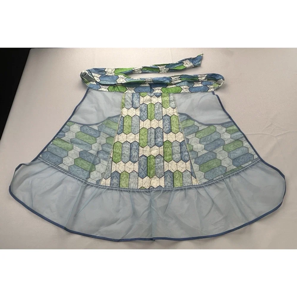 Vintage 50s 60s Hostess Half Apron Sheer Blue Green Geometric Tie Waist Handmade